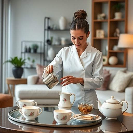 茶艺师在现代客厅准备高端茶