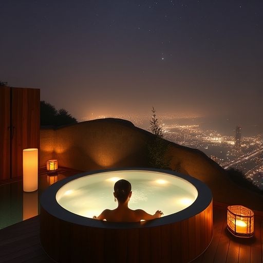 一位男士在正规SPA中心的水疗池边放松休息,面带微笑,享受宁静