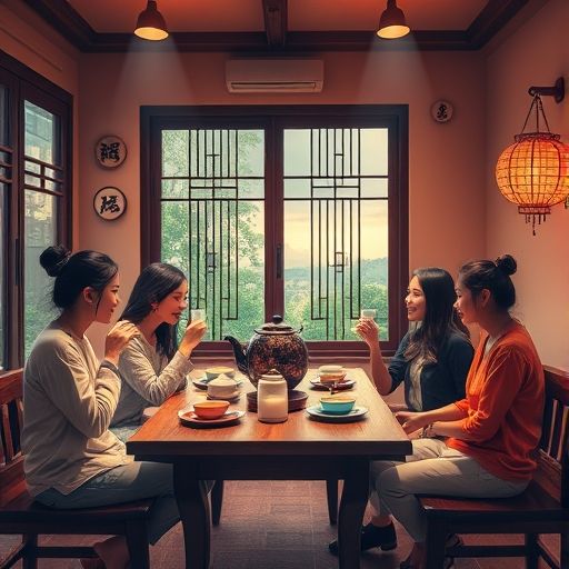 朋友围坐品茶的温馨场景
