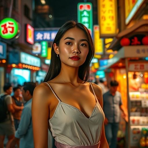 描绘广州夜晚美食街人头攒动、充满烟火气的景象