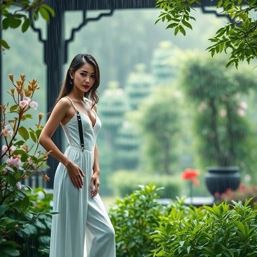 雨中茶室庭院的宁静画面