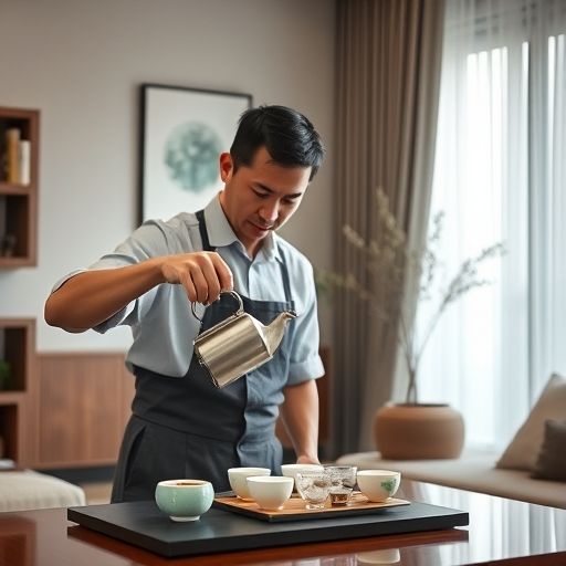 茶艺师在现代客厅冲泡茶叶