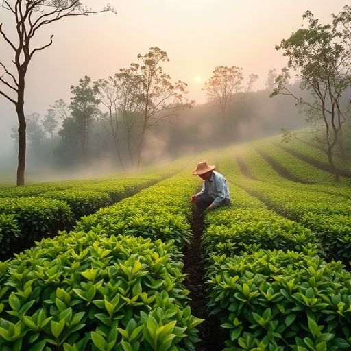 广州茶园清晨采茶景象