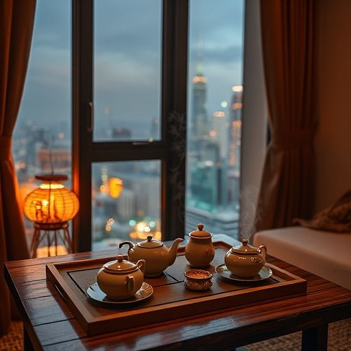 广州公寓内温馨的夜晚品茶场景