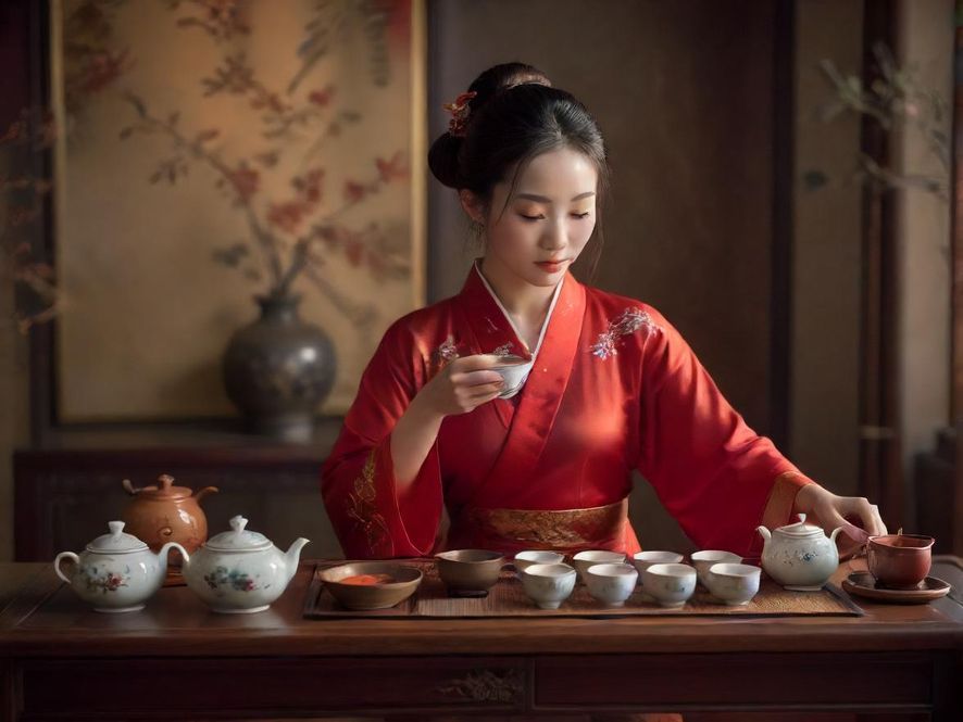 私密包厢内，精致的茶具摆放整齐，一位优雅的茶艺师正在进行茶道表演，充满东方美学韵味。