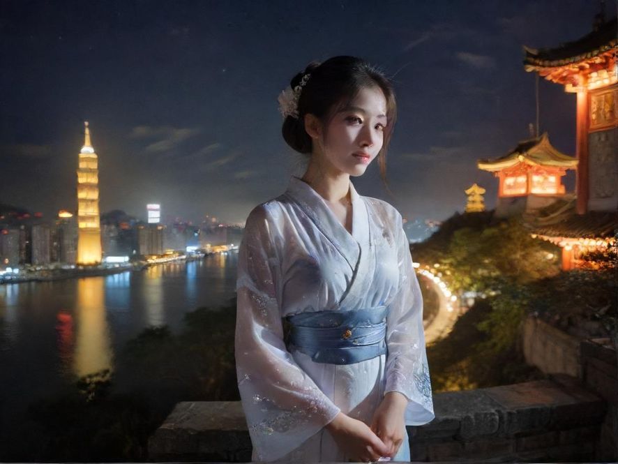 广州QM社区夜景,霓虹闪烁,人流如织,充满活力。