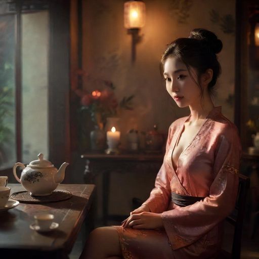 一个舒适的茶室包间，灯光柔和，氛围轻松