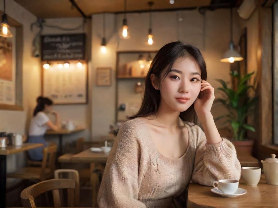 一个温馨舒适的咖啡馆内部,暖色调灯光,木质桌椅,让人放松的环境