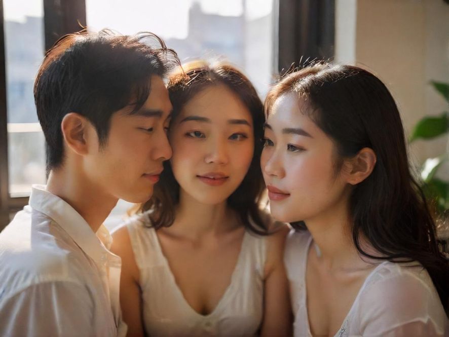 一对年轻情侣在咖啡馆里轻松愉快地交谈,阳光透过窗户洒在他们身上,氛围温馨而美好