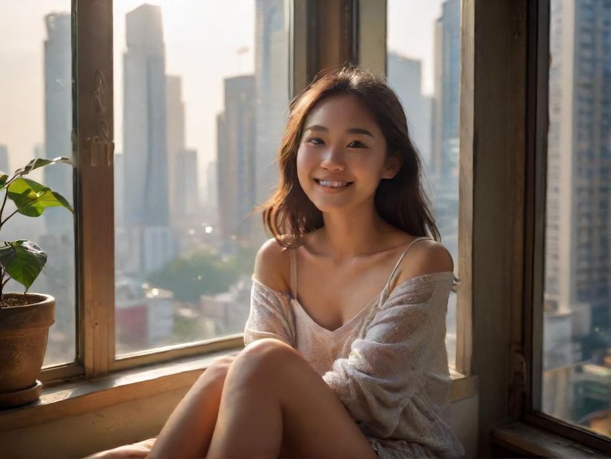 一位女士在享受完放松服务后,面带微笑,神采奕奕,阳光透过窗户洒在她身上,窗外是生机勃勃的广州城市景观。