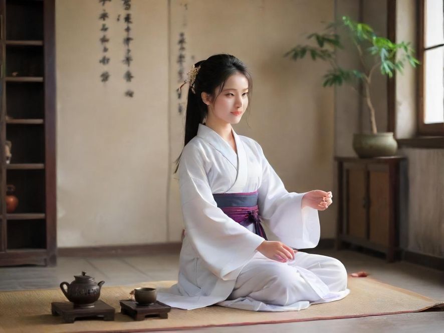 一间充满东方韵味的私密茶室，灯光柔和，营造出静谧放松的氛围。