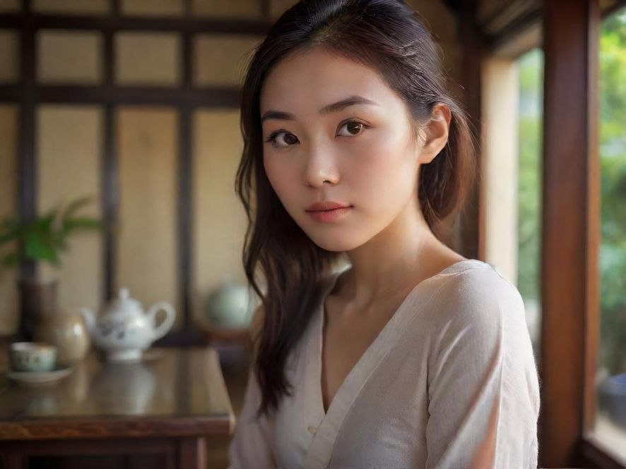 一位面带微笑、眼神温柔的花社区优质老师，仿佛能读懂你的心事，身处宁静雅致的茶室中。