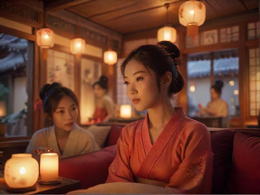 一间温馨的中式茶馆内部特写,柔和的暖色调灯光洒在舒适的木质沙发和茶几上,营造出宁静放松的氛围。