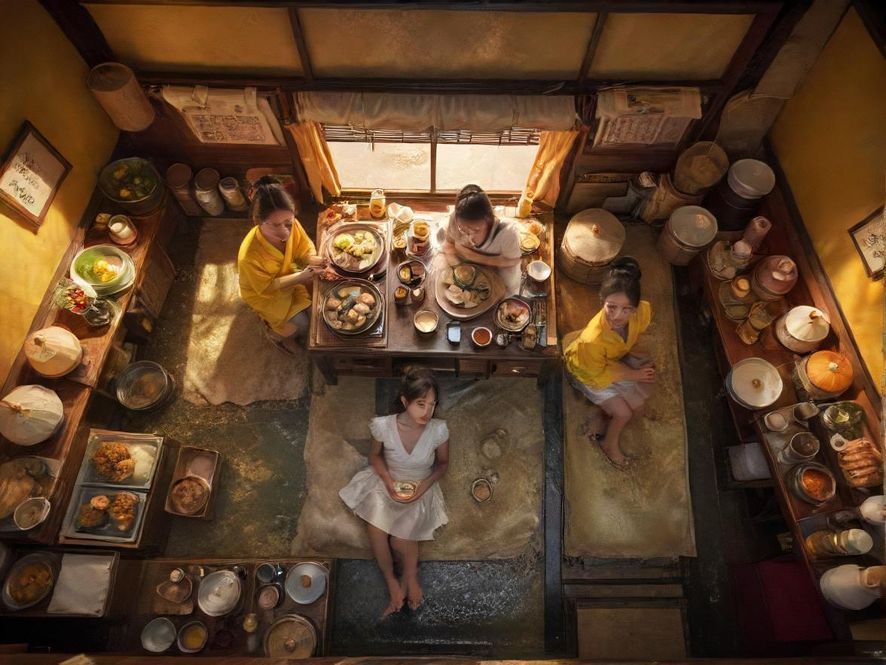 广佛早茶点心,传统茶楼内,冒着热气的虾饺、烧卖等摆满桌面,俯视角度拍摄,呈现出温馨的早茶氛围。