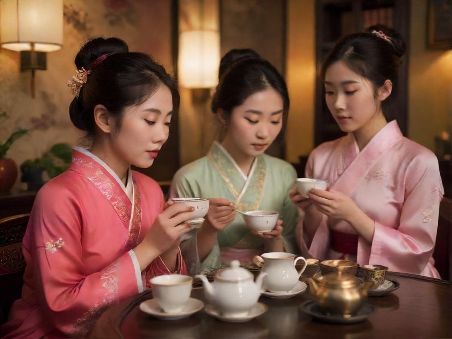 广州奢华茶室中,一位女士正在优雅地品茗,展现私密交流的氛围