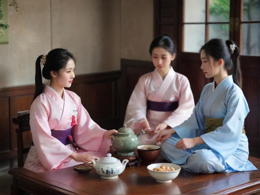 一个雅致的茶室角落,光线柔和