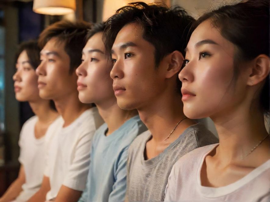 一对男女在舒适的室内环境中轻松交谈，背景是柔和的灯光和现代装饰