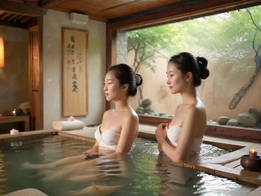 一个装修豪华、灯光柔和的按摩室,有舒适的按摩床和一些绿植装饰,显得非常宁静放松。