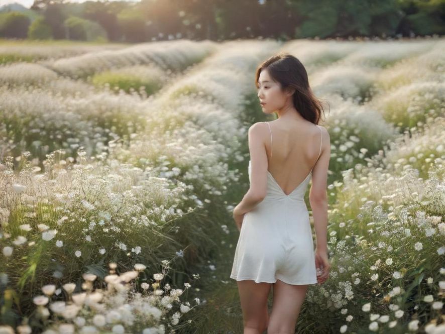 一位女孩站在白花丛中,背对镜头,享受着大自然的宁静与美好,画面充满治愈感。