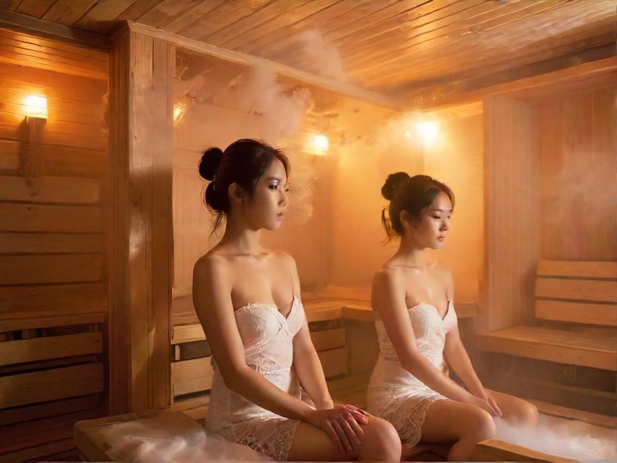 一间温馨的桑拿房内部,暖黄色的灯光洒在木质的墙壁上,空气中弥漫着淡淡的蒸汽,营造出一种宁静而放松的氛围。