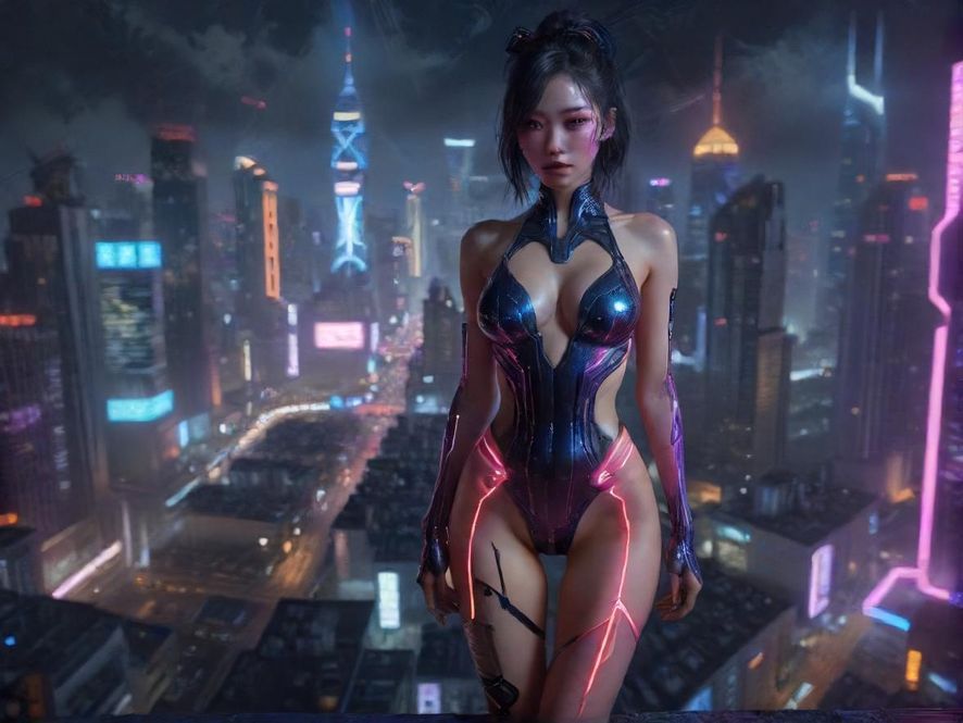 夜晚的都市霓虹闪烁,远处高楼林立,一片繁华景象。