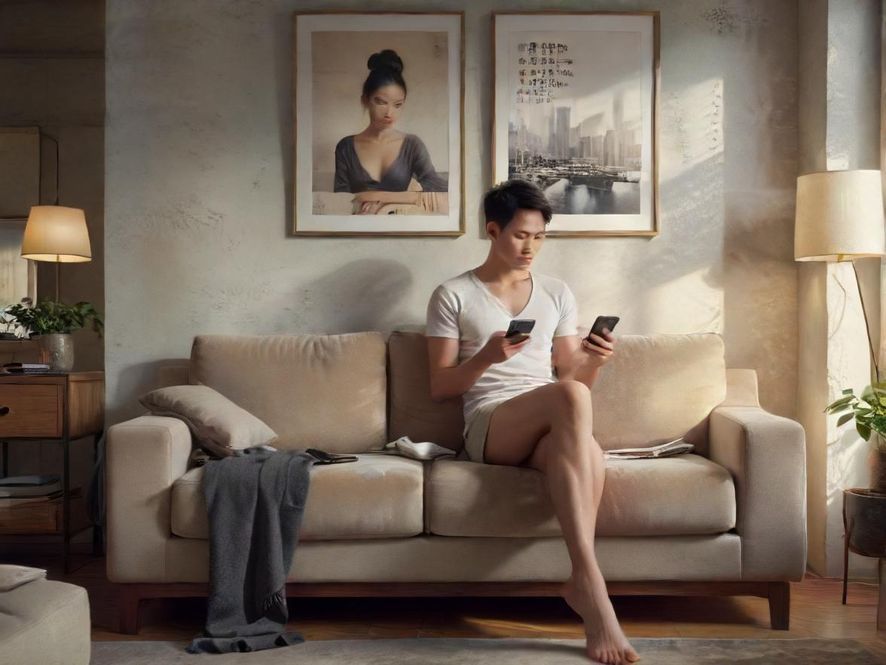 一个人正在舒适地坐在沙发上,手里拿着手机,屏幕上显示着搜索页面,背景是现代风格的客厅,光线柔和。