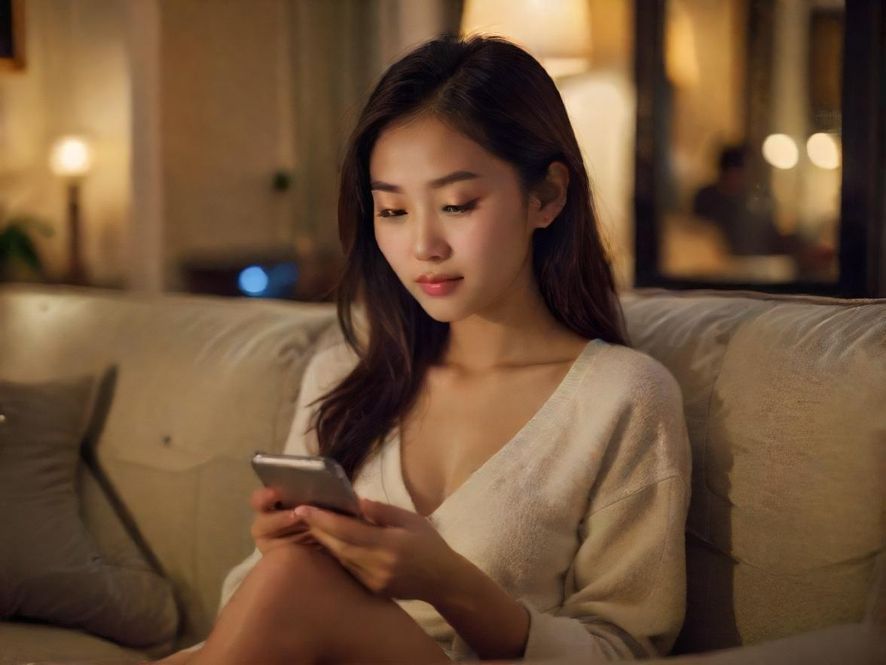 一位女性用户舒适地坐在沙发上,手持手机专注地浏览全国条友网论坛的内容,脸上带着发现新知的喜悦。