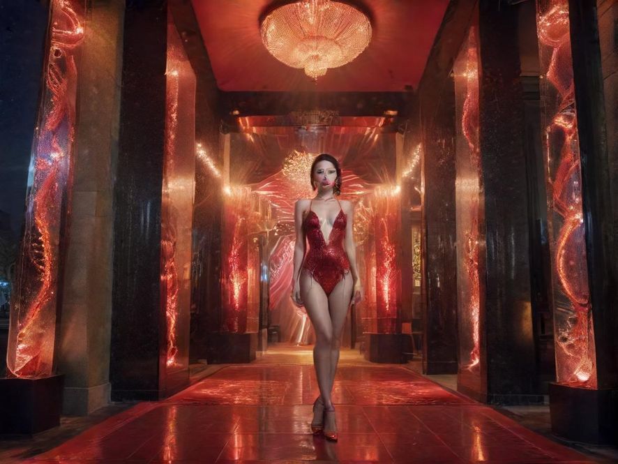 一处装饰华丽、灯光璀璨的豪华休闲会所入口,展现出夜晚的神秘与吸引力。