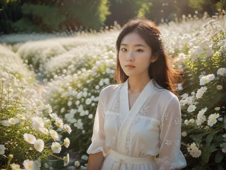 一片广阔的白花丛,阳光透过树梢洒下斑驳的光影,营造出宁静而唯美的氛围。