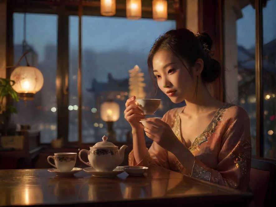 一位女士在雅致的茶馆里品茶,窗外是朦胧的城市夜景,营造出温馨而电影感的氛围。