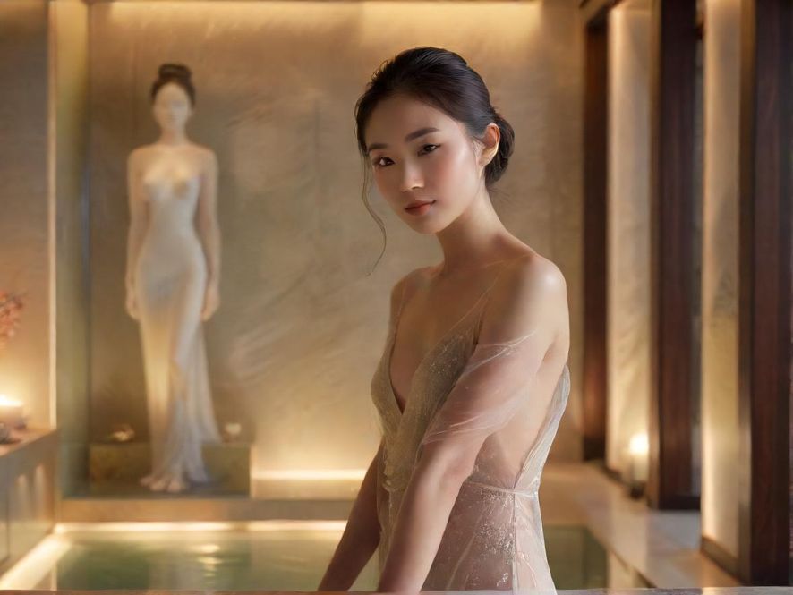 一个高端水疗中心的内部,灯光柔和,环境宁静,让人感到放松。