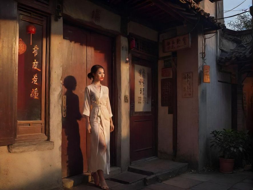 温州一处隐秘茶馆的入口,傍晚时分,光影交错,充满神秘感。