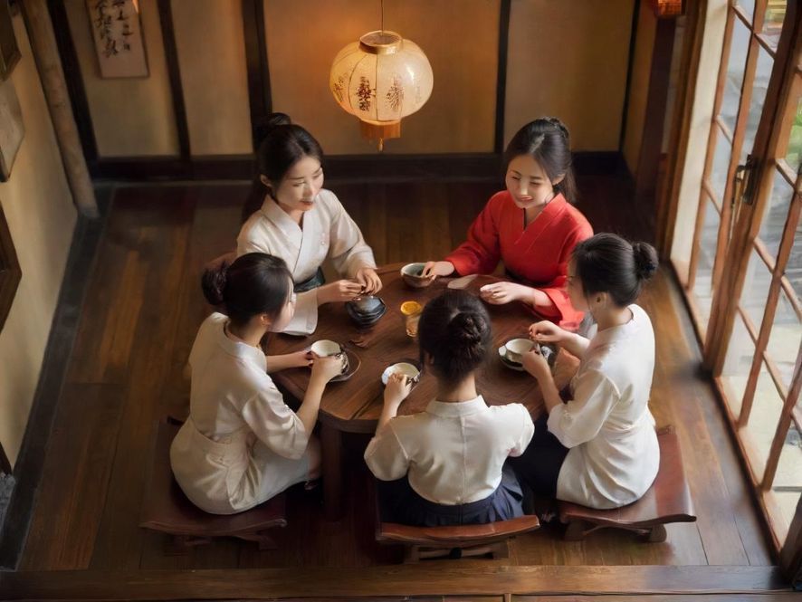 一群朋友在现代中式茶楼内围坐交流,桌上摆放着精致的茶具和点心,俯视视角展现出轻松愉快的社交场景。