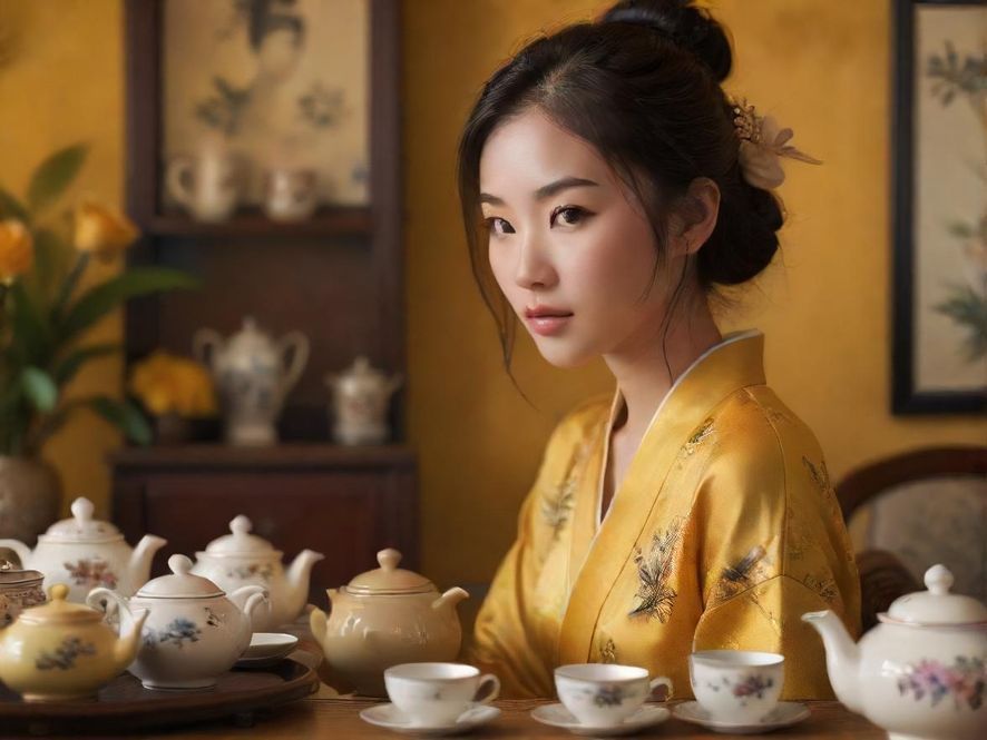 一位专业的茶艺师正在广州的茶室中,用精致的茶具进行茶道表演