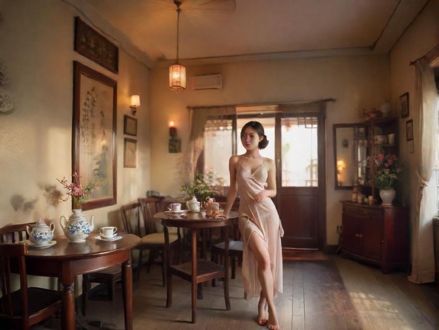 一间温馨舒适的茶室，阳光透过窗户洒进来