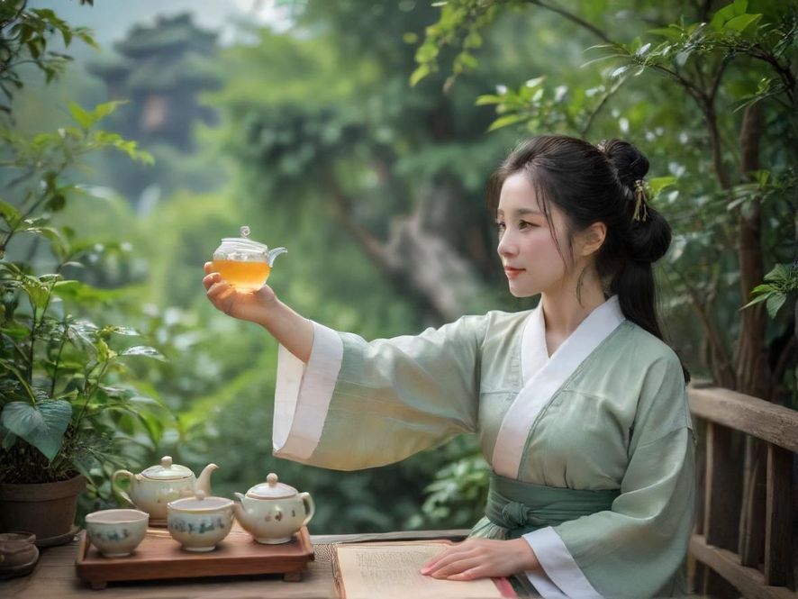 一位女士在温馨雅致的茶馆中,手持茶杯,神情放松,享受品茶的悠闲时光,近景特写。