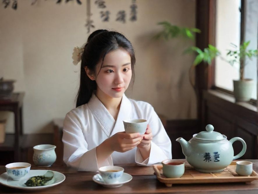 一位身着古典服饰的优雅女性,侧身端坐于茶桌旁,手持精致茶盏,神情专注而宁静,周遭茶室环境古朴典雅,光线柔和。