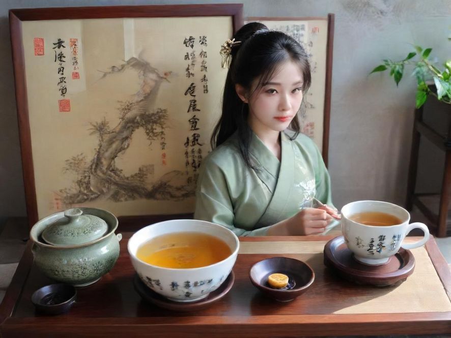 一位身着优雅旗袍的女士,背对镜头,在充满东方韵味的茶室中轻嗅茶香,四周是柔和的光线和雅致的摆设,营造出一种宁静而富有诗意的氛围。