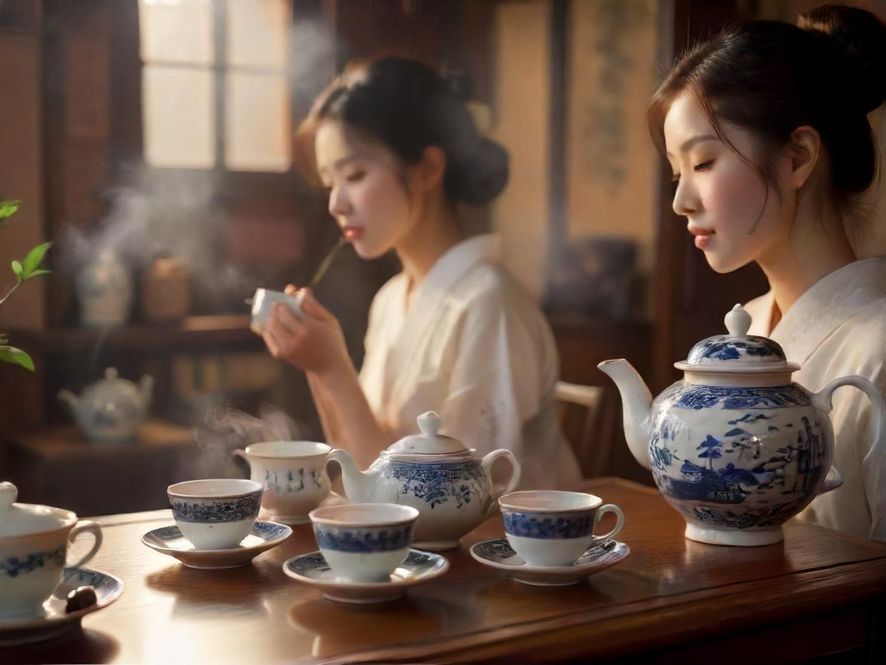 品茶楼凤茶具特写,古典优雅风格,茶室内景