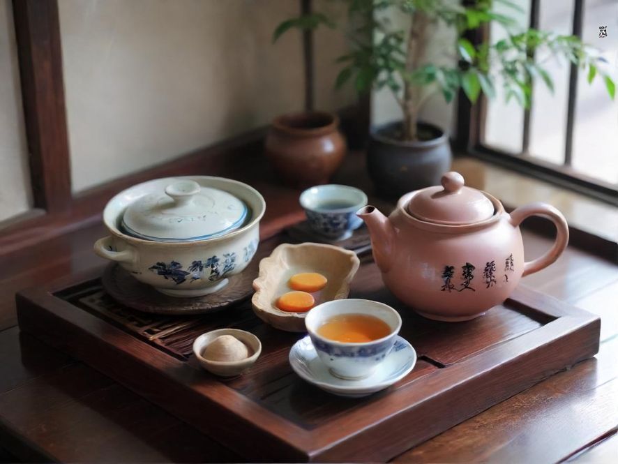 广州静谧茶室一角,阳光透过窗棂,茶香与古琴声交织,营造出一种超然的宁静美感。