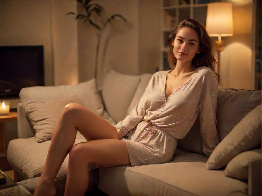 一位身着居家服的温柔女性，侧身坐在舒适的沙发上，眼神中带着一丝笑意，仿佛在等待一位重要的客人。背景是温馨雅致的私人公寓客厅，光线柔和，营造出一种放松而私密的氛围。