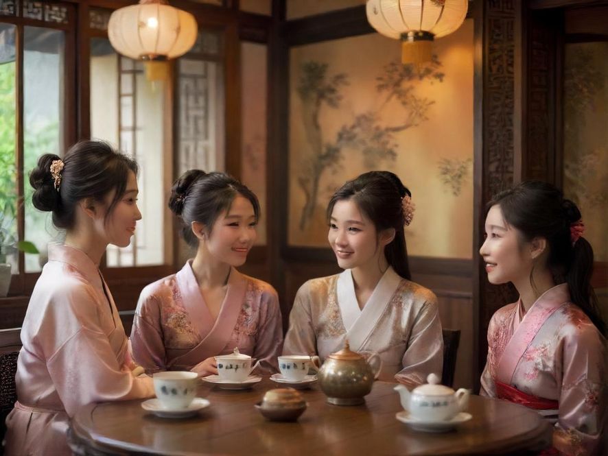 朋友们在温馨茶室里品茗聊天,享受休闲时光