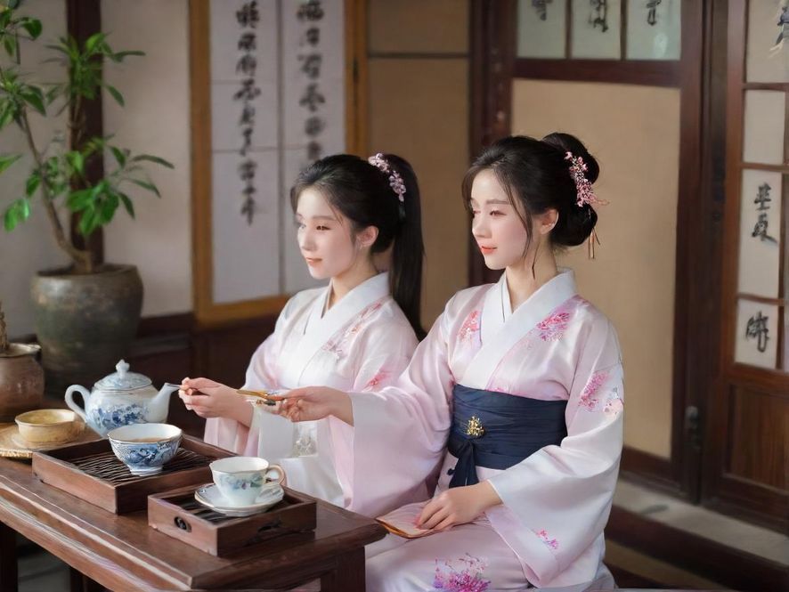 一位身着雅致服饰的女性,侧面特写,正专注地品尝杯中的香茗,眼神流露出一种宁静的享受,背景是温馨的茶室。