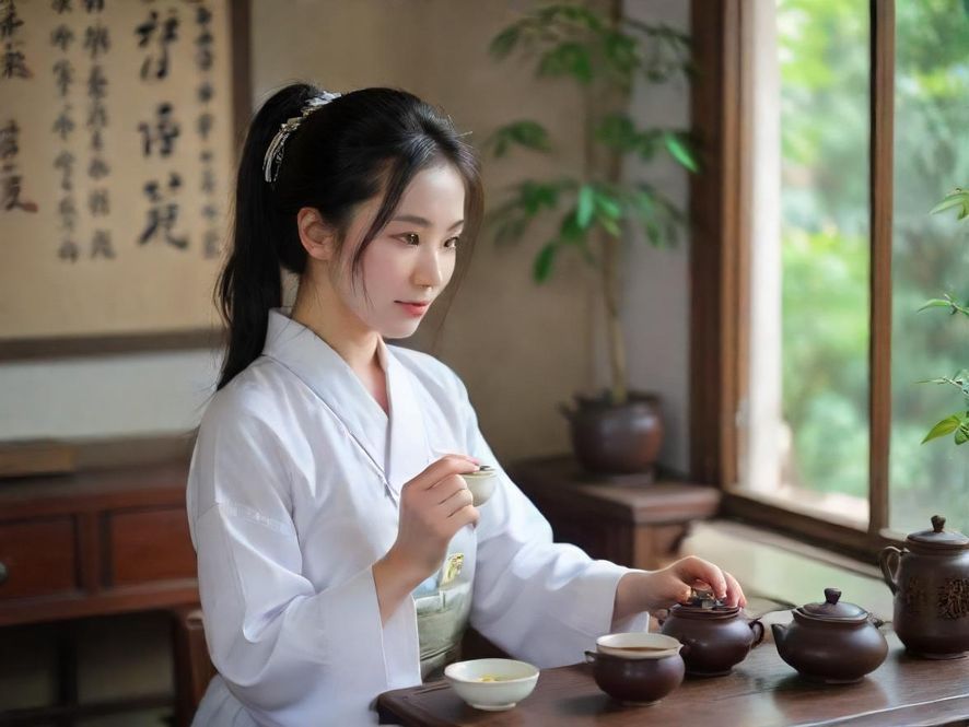 一群年轻女性在广州的现代茶艺教室里，专注地跟随老师学习冲泡技巧，气氛轻松。