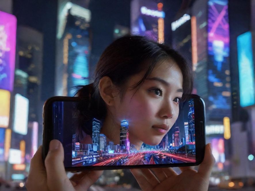 广州都市夜景与手机屏幕上的犬马之家APP界面,霓虹灯光映衬下的现代都市夜晚。