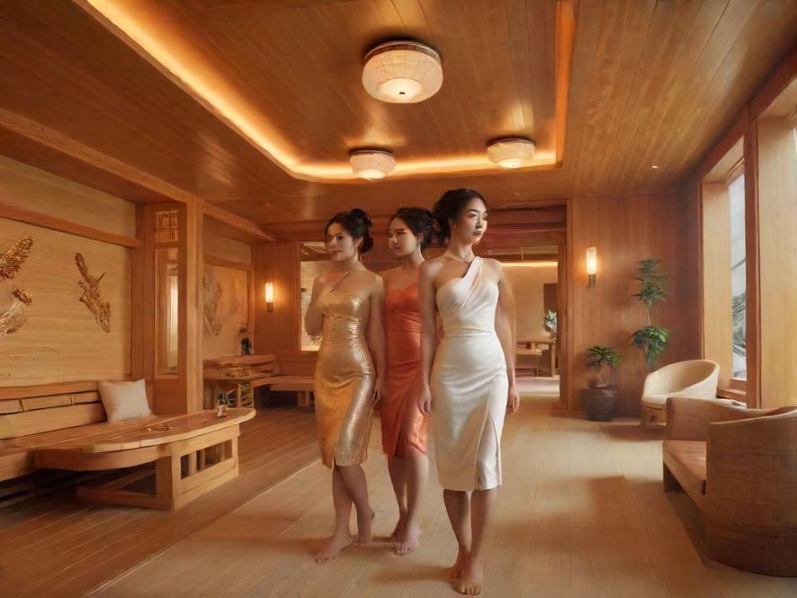 广佛地区一家高端桑拿会所的豪华大厅,采用现代中式设计,灯光柔和,空间宽敞,营造出奢华而宁静的氛围,让人在进入的瞬间就能感受到放松与尊贵。