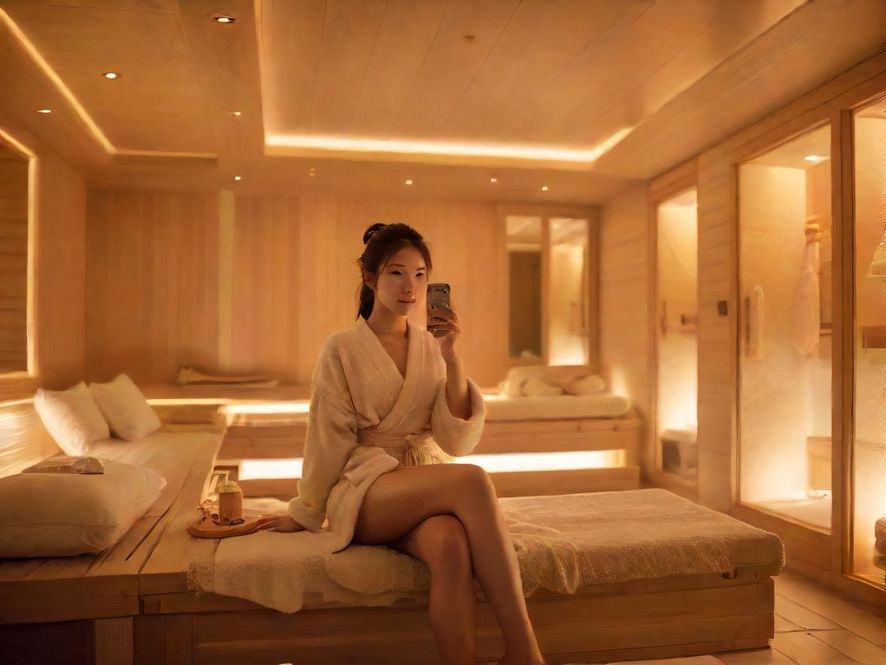 佛山桑拿房内景,柔和灯光营造出温馨舒适的氛围,现代风格的豪华休息区让人倍感放松。