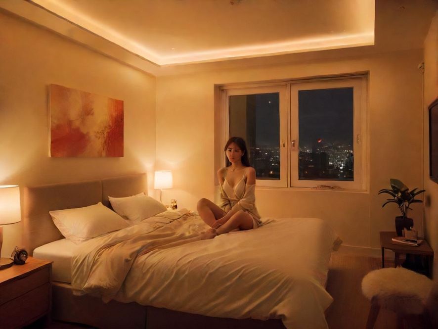 一间布置简约而精致的高端公寓卧室，暖色调的灯光透过窗帘洒落在房间里，床铺整洁舒适，旁边的小桌上摆放着一束鲜花，整个空间充满了温馨与私密的氛围，让人感到放松和安心。