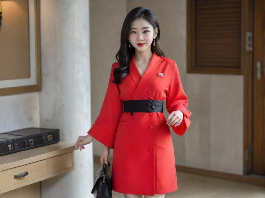 一位休闲会所的服务员,身着专业制服,面带甜美笑容,姿态亲切,展现出热情而专业的接待形象。