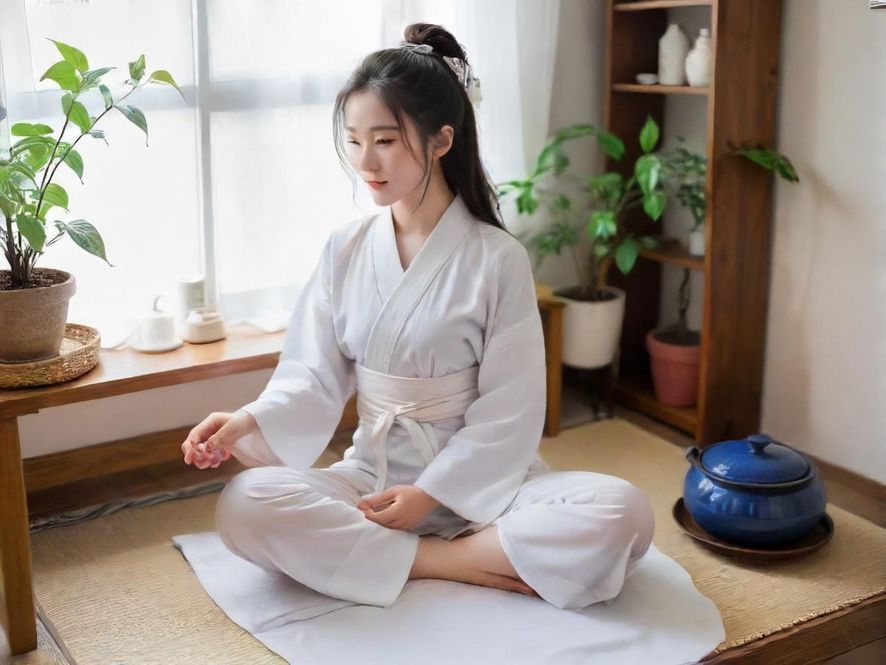 一位女士在温馨雅致的茶室中,侧颜享受品茶的宁静时刻